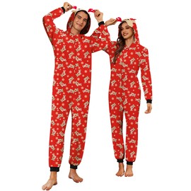 Ekouaer Christmas Matching Onesie for Couples Elk Antler Hooded Zipper Long Sleeve Pajamas with Pockets Reindeer red L