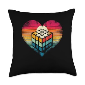 The Melting Cube - Competitive Speed Cubing Merch Vintage Sunset Heart Speedcuber 80's Youth Retro Math Puzzle Throw Pillow, 18x18, Multicolor