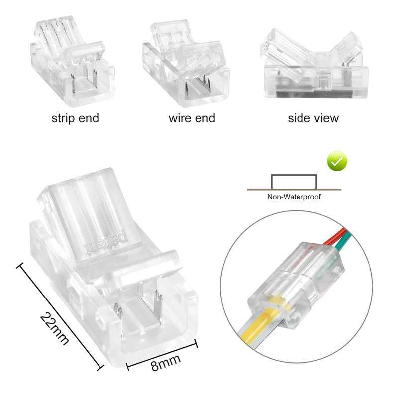 RGBZONE 2-Pin 8mm COB LED Strip to Wire Connector, Solderless