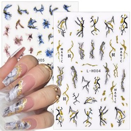 6 Sheets Marble Nail Art Stickers Decals 3D Self-Adhesive Blue Gradient Butterfly Rose Nail Design Stickers Gold Glitter Nail Stickers Blooming Marble Nails Decorations for Women Nails Supplies Kit