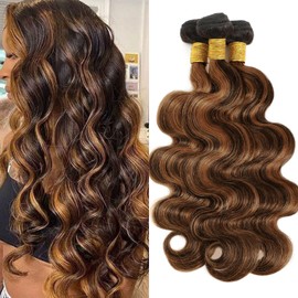 MOMOSHERO Black and Brown Highlight Body Wave Human Hair 3 Bundles 24 26 28 Inch, 10A Balayage Ombre Colored Human Hair Bundles Soft and Glossy Color #1b/30 Dark Brown Bundles 100% Remy Hair Sew In