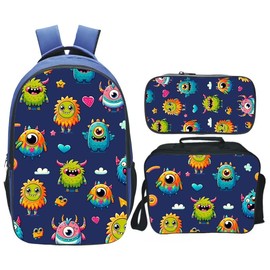 Nanen 3PCS Monster Prints Backpack Sets Gifts Boys Kids Bookbag with Lunch Box Pencil Case for Elementary Preschool