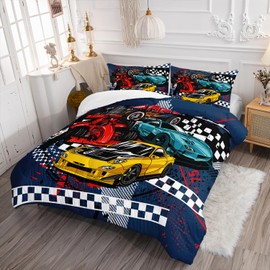 AILONEN Racing Car Comforter Set Queen Size, Cool Speed Race Car Bedding Sets for Kids Boys,Automobile Extreme Sport Duvet Set,Checkered Squares Quilt Set,3 Pieces,1 Quilt and 2 Pillowcases,Microfibre