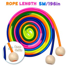 HOSHINO 16 FT Long Jump Rope for Kids, Adjustable Groups Rope Skipping with Wooden Handle, Multiplayer Rainbow Jumping Rope for Outdoor Fun, School Sport, Party Game (1PCS)