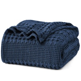 PHF 100% Cotton Waffle Weave Blanket King Size for Bed, Soft Lightweight & Breathable, All-Season Comfort, 300 GSM Luxury Aesthetic Blanket for Home Decor, 108"x90", Blue Sapphire