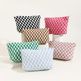 JIHUOO Checkered Cosmetic Bag Checkered Makeup Bag Aesthetic Makeup Bag Large Capacity Makeup Brushes Storage Bag Travel Toiletry Bag Organizer for Women Girls, Green
