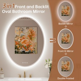 BesMirror 28 x 36 Oval LED Bathroom Mirror with Lights, Anti Fog LED Bathroom Mirror Dimmable Bathroom Vanity Mirror for Wall, Front and Backlit, 3 Colors, Memory Function, Shatterproof