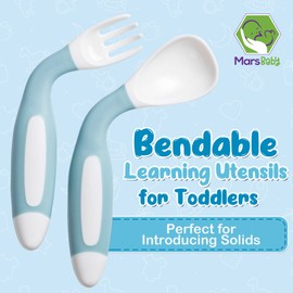 Mars Baby Silicone Baby Spoons Set for Self-Feeding - Bendable Learning Utensils for Toddlers - Perfect for Introducing Solids - With Travel Case - Blue