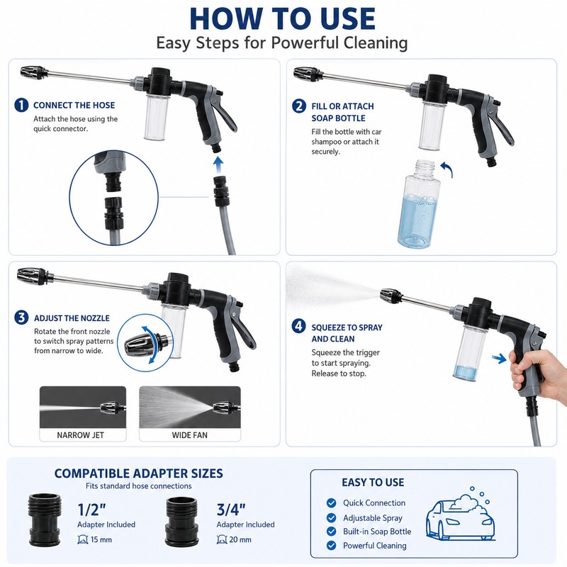Car Wash Water Gun for Garden Hose – Adjustable Long-Reach