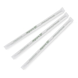 Vegware Compostable Wrapped Plastic Straws, Case of 6500, 8.25" Long, 7mm Diameter, PLA Renewable Plant Based Plastic, Translucent with Green Stripe, Great for Cocktails or Cold Drinks