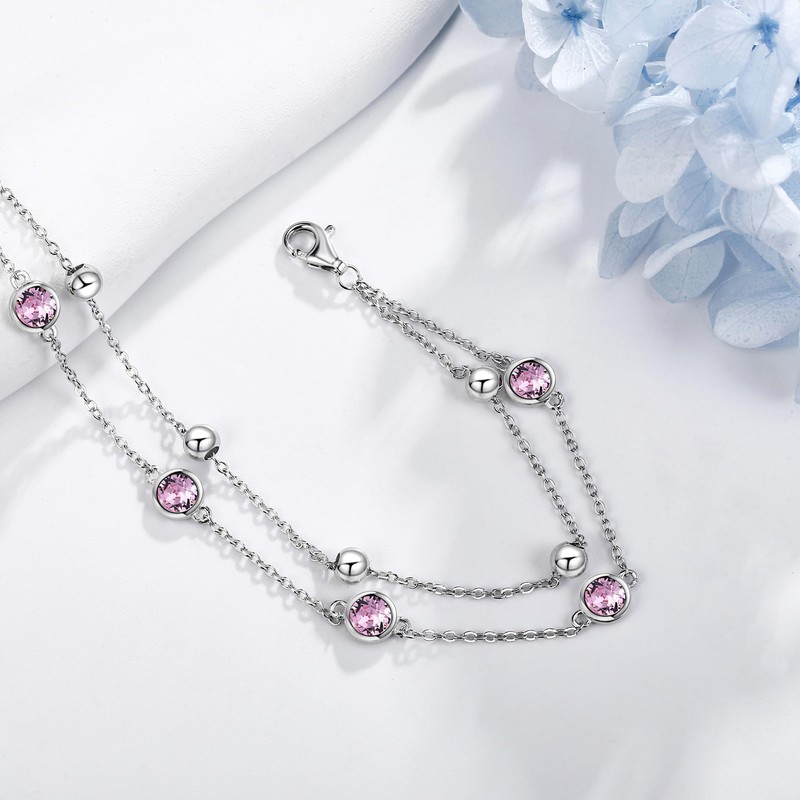 POPLYKE S925 Sterling Silver Crystal Tanzanite Purple Anklet Layered Chain