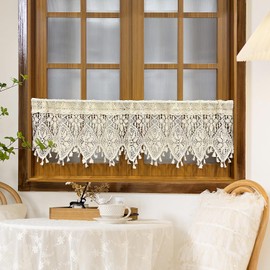 AiFMQQ Boho Crochet Lace Sheer Curtain Valance for Kitchen Windows Vintage Macrame Valances for Dining Room Living Room Farmhouse Rustic Crochet Valance Rod Pocket 1 Panel (W35 L15 inch,Beige)