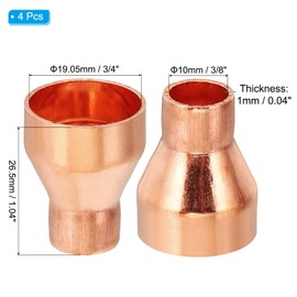 PATIKIL 3/4" to 3/8" ID Copper Reducer, 4pcs 99.9% Pure Copper Reducing Coupling Pressure Fitting Pipe Tube Connector Adapter with Sweat Solder Connection
