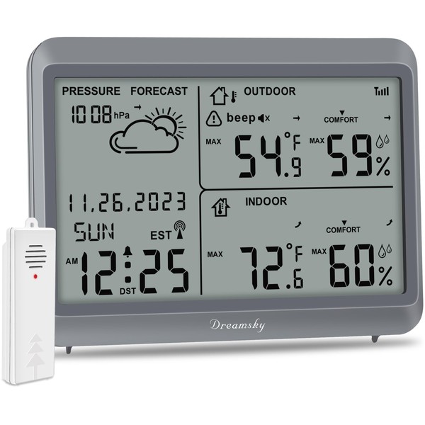 DreamSky Weather Station Wireless Indoor Outdoor Thermometer Humidity - Large Display Digital Atomic Weather Clock for Home, Support Multiple Sensors for Outside Temperature, Date, Auto DST