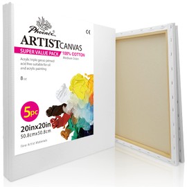 PHOENIX Large Stretched Canvas for Painting 20x20 Inch/5 Value Pack, 8 Oz Triple Primed 5/8 Inch Profile 100% Cotton White Blank Canvas, Square Framed Canvas for Oil Acrylic & Pouring Art