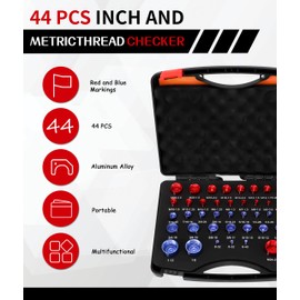 44 Pcs Inch and Metric Thread Checker, Aluminum Alloy Red & Blue Thread Gauge Kit, Practical Easy to Use Thread Checker Standard and Metric for Accurate Sizing