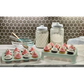 Top Shelf Elements Cupcake Carrier, Fashionable White Cupcake Holder Carries 24 Standard-Size Cupcakes, Durable Muffin Traveler Two Tier Stand and Reusable Cupcake Box (Green)