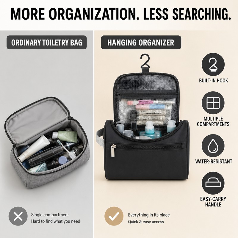 Travel Toiletry Bag with Hanging Hook, Zipper Pockets and Carry