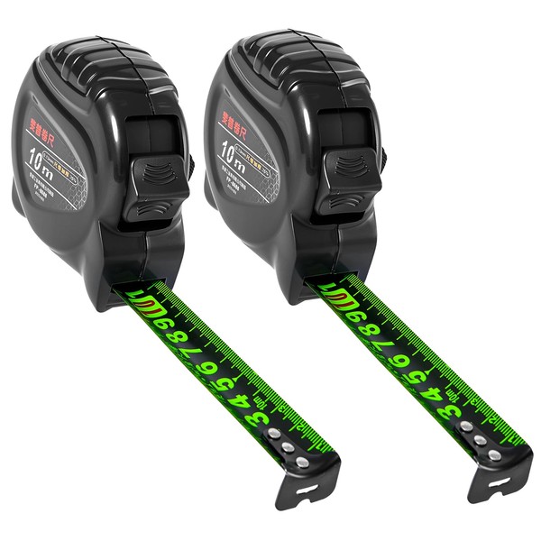 2 Pack Tape Measure 10 Metre, Fluorescent Stainless Steel Retractable