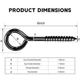 YGAOHF 6 Inch Eye Hooks Screw in Heavy Duty, Heavy Duty Eye Hooks, 500 LBS Capacity, Large Stainless Steel Eye Hooks for Hanging, Black Eye Bolts for Indoor & Outdoor Heavy-Duty Applications