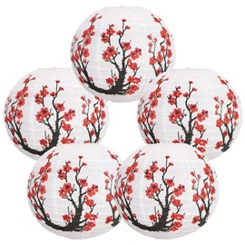 16-Inch Red Cherry Blossom Paper Lanterns, Japanese Paper Lanterns for Party, Wedding, Home Decor, Set of 5