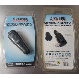 ZIPLINQ Zip-Linq 110V AC Wall Plug & 12V DC Auto Plug to 5V USB Power Adapter