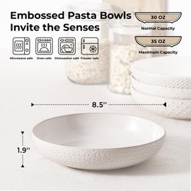 Y YHY 8.5" Pasta Bowls Set of 4, 30 oz Embossed Salad Bowls for Serving Soup, Noodle, Fruit, Dinner, Kitchen Deep Plates, Ceramic Dinnerware Sets, Soft White Dishes for Thanksgiving Day Gifts