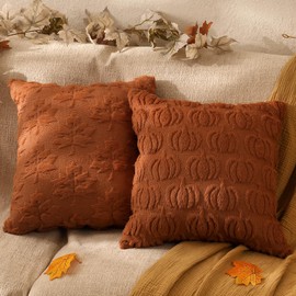 multiwins Fall Decorations Set of 2 Double-Sided Fall Pillow Covers 18" x 18", with 2 Different Looks, Rust Pumpkin & Leaf, Soft Plush Faux Fur Throw Pillow Covers for Home Decor
