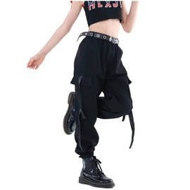 Rolanko Kids Cargo Pants Trousers Jogger with Pockets for Girls Street Hip Hop Dance Clothes (Black, 14-16)