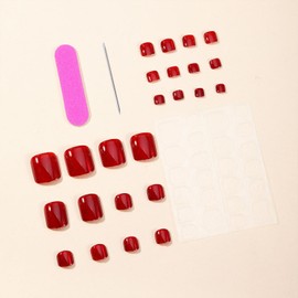 Tyuimhx Wine Red Cat Eye Press on Toenails Square Fake Toe Nails Solid Red False Toenails With Glitter Designs Glossy Full Cover Stick on Toenails Acrylic Artificial Toe Nails for Women Girls 24Pcs