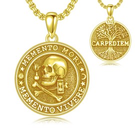 MEIDERBO Memento Mori Necklace 925 Sterling Silver Skull Pendant Hourglass Tree of Life Gold Memento Mori Jewelry Gifts for Men Women
