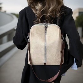 JSNOM Damen Rucksack Elegante Leder: Rucksack Damen Casual Wasserdichte Kleine Daypack für Universität Schule Arbeit Einkaufen für Frauen (Beige)