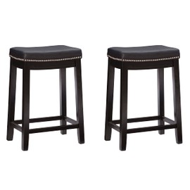 Linon Kingston Black Wooden Backless Counter Stool with Black Faux Leather Upholstered Seat and Nailheads, Set of 2