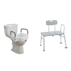 Drive Medical Drive Medical RTL12027RA 2-in-1 Raised Toilet Seat with Removable Padded Arms & 12011KD-1 Tub Transfer Bench for Bathtub, Height Adjustable Shower Bench