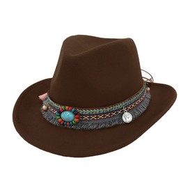 IBLUELOVER Women Cowboy Hat Wool Felt Western Hat Wide Brim Trilby Fedora Hat Jazz Cap Cowgirl Bush Hat Vintage ShapeableOutback Hat with Buckle Band Adjustable Derby Party Hat 56-58cm (A-Coffee)