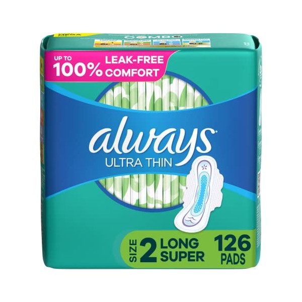 Always Ultra Thin, Feminine Pads For Women, Size 2 Long Super Absorbency, With Wings, Unscented, 126 Count