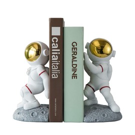 Banllis Space Theme Bookends for Shelves, Astronaut Moon Book Ends for Kids Room, Decorative Planet Book Stoppers to Hold Books Heavy Duty, Unique Boys and Girls Gift (Grey)
