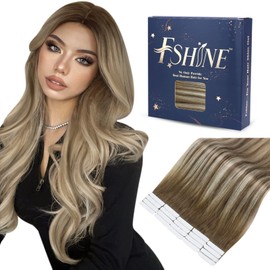 Fshine Tape Extensions, Real Hair Skin Weft Tape Ins, 20 Pieces, Balayage Medium Brown Transitioning to Platinum Blonde Highlight with Medium Brown, 50 cm, 100 g, Remy Invisible Tape Extensions