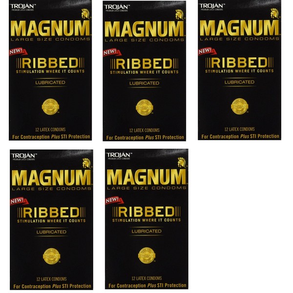 Magnum Ribbed Lubricated Condoms, Large, 5 Boxes (12 Condoms)