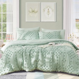 Geniospin Sage Green Full Comforter Set for Girls- 7 Pieces Pom Tufted Bed in A Bag Twin Bedding Sets with Sheets, Pillowcases & Shams, All Season Kids Comforter Set