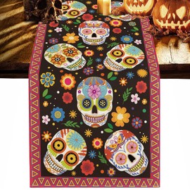 33x230cm Camino de Mesa Decoración Halloween, Camino de Mesa Rústico de Adornos Dia de Muertos Decoracion Mantel de México, Diseño de Calavera de Azúc