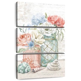 ElephantStock - Seaside Petals Iii Wall Art - Vertical Multi Panel Canvas - 3 Piece Living Room Wall Decor - Watercolor Roses Multi Piece Wall Art - Beige And Gray Decor by Mary Urban - 14" x 23"