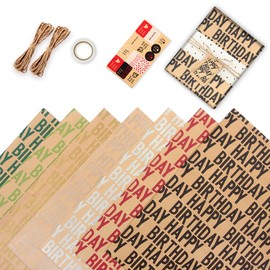 Wrapping Paper, 11 Pcs Birthday Wrapping Paper Recyclable Gift Wrap Paper Sheets (70x50cm) with 1 Gift Sticker, 1 Double-Side Tape, 2 Kraft String - Great for Girl, Boy, Women, Men on Birthday