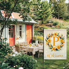 Monogram Garden Flag Letter P with Flowers Wreath Double Sided Print Spring Summer Welcome Garden Flags Outdoor House Yard Flags 12.5 x 18 Inch Seasonal Porch Lawn Decor (Yellow)