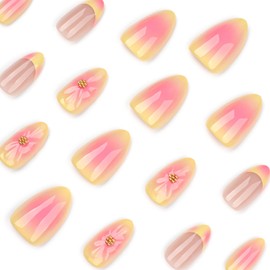 Press on Nails Short Almond CEWEWP French Tip Fake Nails with Designs 3D Flower Yellow & Pink Stick on Nail Glossy Glue on Nails Acrylic Nails for Women Girls 24 Pcs