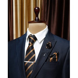 AXLON Black Gold Striped Ties For Men – Tie Set With Pocket Square Cufflinks Tie Clip Bar & Flower Brooch Pin For Mens (Pack of 5) (AXTS49)