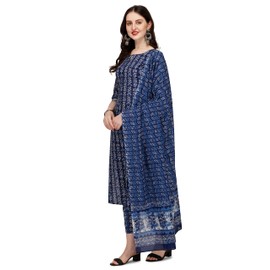 FIORRA Kurta recto de algodón para mujer con pantalón y Dupatta (SET0049), Azul / Patchwork, XX-Large