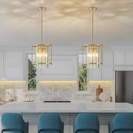 BIEOCUR Chandelier,Farmhouse Round Pendant Light Fixture for Kitchen Island,Adjustable Hanging Lighting with Glass Shade for Dining Room,Entryway,Living Room,Bedroom (Vintage Gold, Round-Green-11.8in)