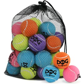 INSUM 20 Pack Small Tennis Balls for Dogs - 2 Inch Squeaky Dog Balls Toys with Mesh Bag, SGS Certified, Durable Non-Toxic, Built in Squeaker, Small Breeds
