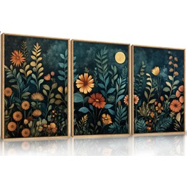 Celestdeco Vintage Dark Botanical Framed Canvas Wall Art Set, Colorful Floral Wall Decor, Nature Wildflower Wall Painting, Colorful Blossom Art Prints for Living Room, Bedroom, Office - 16"X24"X3